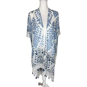 Blue White Ikat Tribal Kimono‎ Cover Up Tassel Fringe One Size Beach Swim